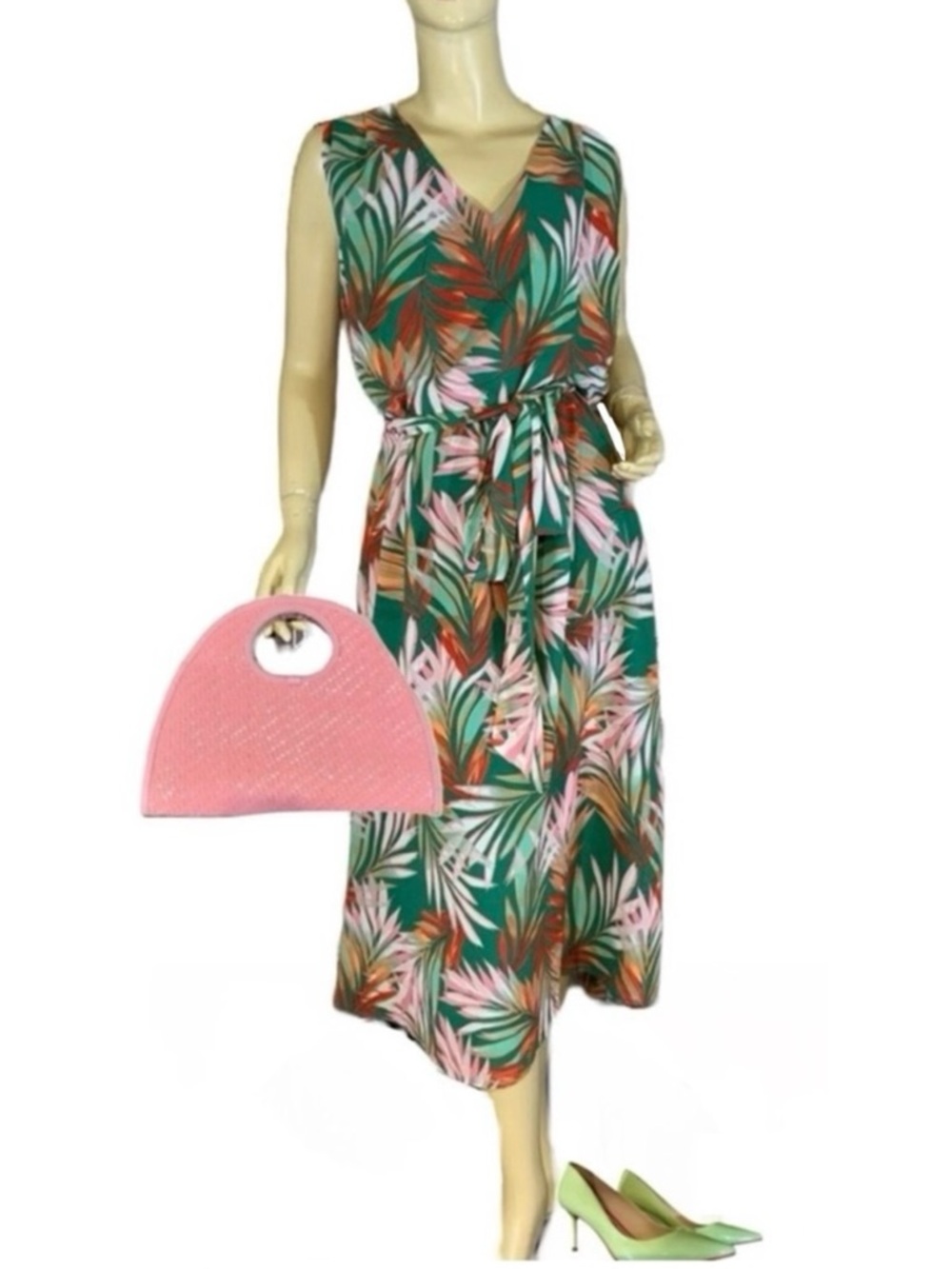 TAHARI ASL GREEN & PINK TROPICAL PRINT CHIFFON MIDI DRESS AND BELT (16)
